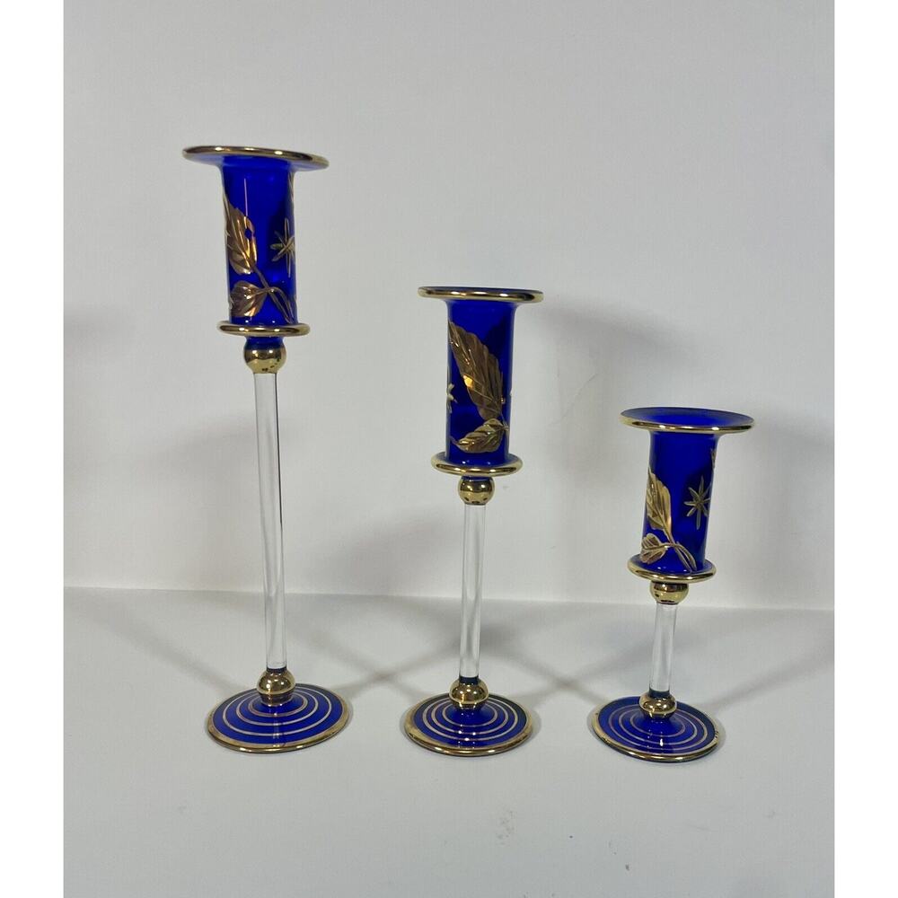 set of 3 Vintage Cobalt Gold Filigree cut glass czech bohemian candle holders
